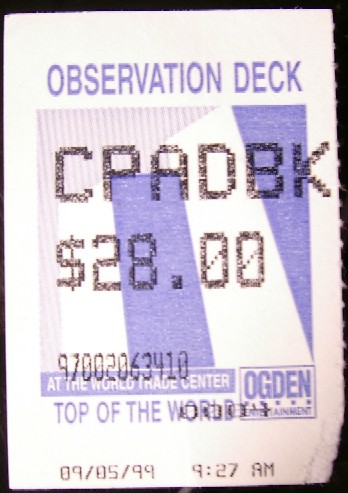cvxmelody's ticket to World Trade Center observation deck (NYC Sep 5, 1999)