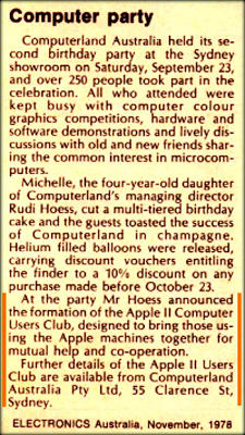 Apple II Users Club Sydney founding September 1978