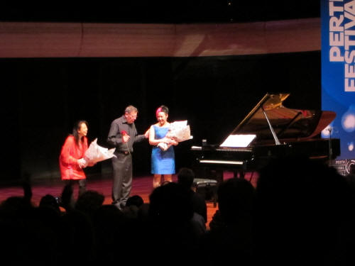 Philip Glass, Maki Namekawa & Sally Whitwell on stage at Perth Concert Hall, Australia - Feb 16, 2013 - world premiere of Glass's Complete Piano Etudes